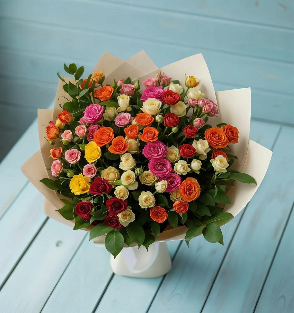Букет Микс из разноцветных кустовых роз в Гвардейске
